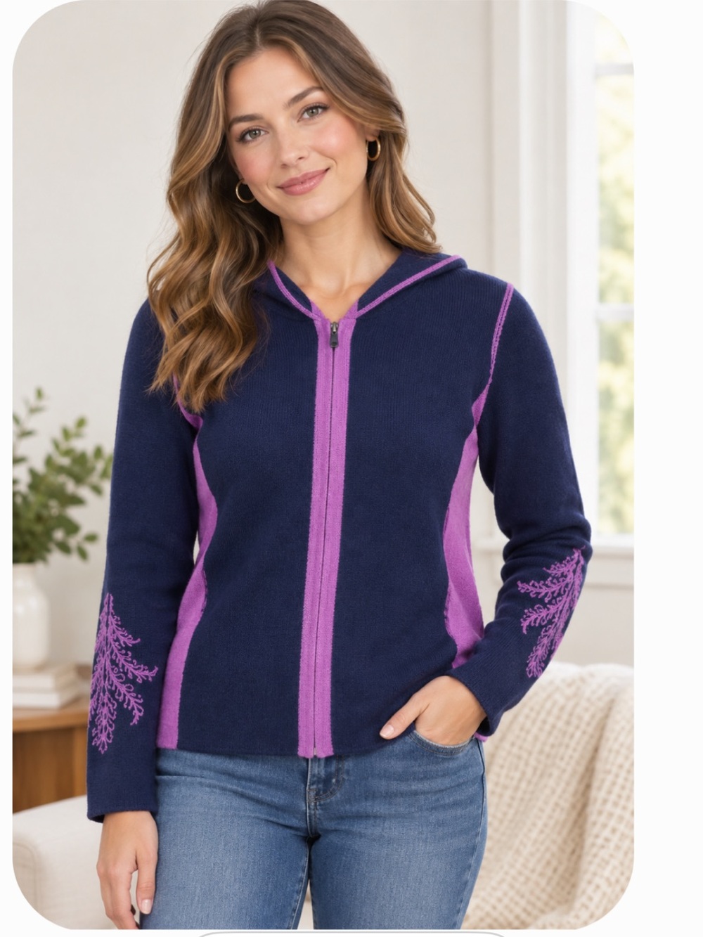 Title Nine Sweater Women’s Purple Blue Full Zip Hooded L